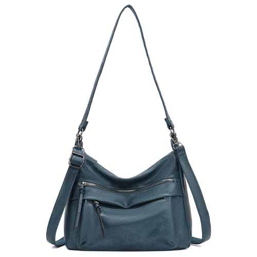 irisaa Damen Schultertasche mit 2 Schulterriemen, Umhängetasche mit abnehmbarem langem Gurt, lässige Hobo Bag mit mehreren Fächern, DKB Farbe:Blau von irisaa
