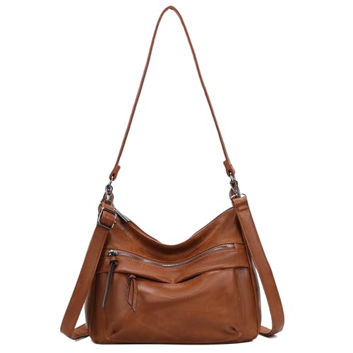 irisaa Damen Schultertasche mit 2 Schulterriemen, Umhängetasche mit abnehmbarem langem Gurt, lässige Hobo Bag mit mehreren Fächern, DKB Farbe:Braun von irisaa