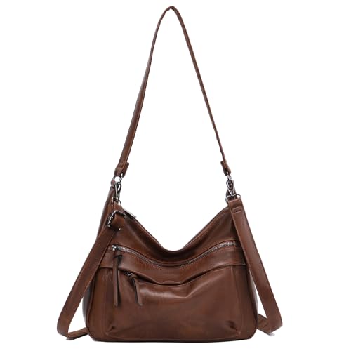 irisaa Damen Schultertasche mit 2 Schulterriemen, Umhängetasche mit abnehmbarem langem Gurt, lässige Hobo Bag mit mehreren Fächern, DKB Farbe:Dunkelbraun von irisaa