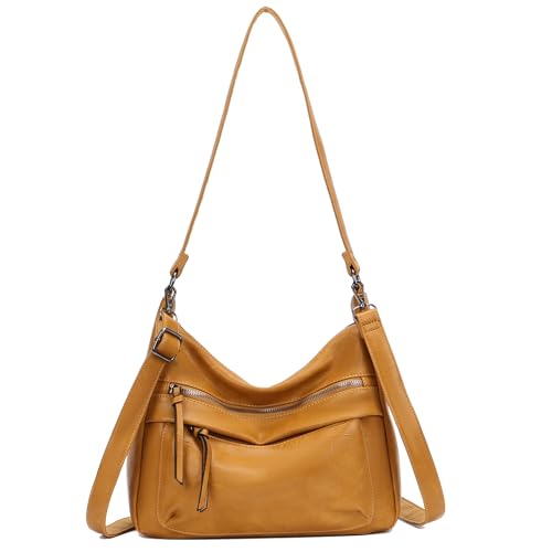 irisaa Damen Schultertasche mit 2 Schulterriemen, Umhängetasche mit abnehmbarem langem Gurt, lässige Hobo Bag mit mehreren Fächern, DKB Farbe:Gelb von irisaa