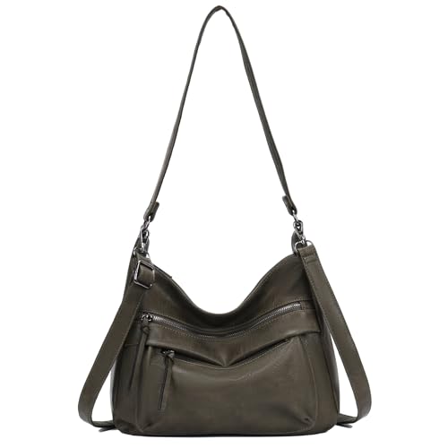 irisaa Damen Schultertasche mit 2 Schulterriemen, Umhängetasche mit abnehmbarem langem Gurt, lässige Hobo Bag mit mehreren Fächern, DKB Farbe:Grün von irisaa