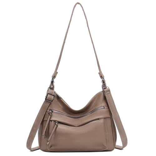 irisaa Damen Schultertasche mit 2 Schulterriemen, Umhängetasche mit abnehmbarem langem Gurt, lässige Hobo Bag mit mehreren Fächern, DKB Farbe:Khaki von irisaa