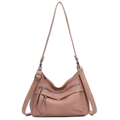 irisaa Damen Schultertasche mit 2 Schulterriemen, Umhängetasche mit abnehmbarem langem Gurt, lässige Hobo Bag mit mehreren Fächern, DKB Farbe:Pink von irisaa
