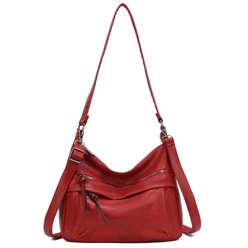 irisaa Damen Schultertasche mit 2 Schulterriemen, Umhängetasche mit abnehmbarem langem Gurt, lässige Hobo Bag mit mehreren Fächern, DKB Farbe:Rot von irisaa
