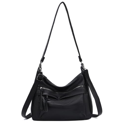irisaa Damen Schultertasche mit 2 Schulterriemen, Umhängetasche mit abnehmbarem langem Gurt, lässige Hobo Bag mit mehreren Fächern, DKB Farbe:Schwarz von irisaa