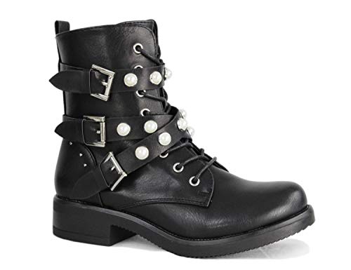 irisaa Damen Stiefeletten Stiefel schwarz mit Strass oder Perlen Schnür Biker Boots, Größe Normal:37, Winterschuhe Farbe 2019:Black von irisaa