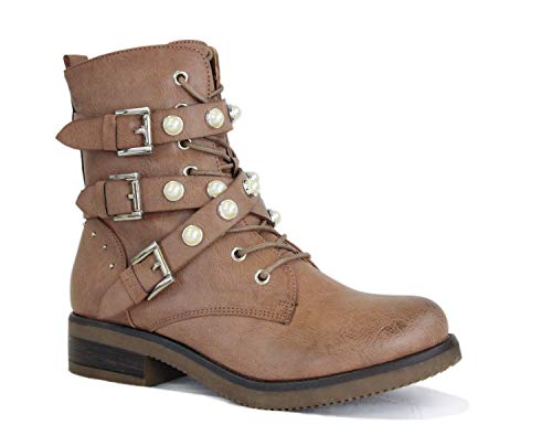 irisaa Damen Stiefeletten Stiefel schwarz mit Strass oder Perlen Schnür Biker Boots, Größe Normal:37, Winterschuhe Farbe 2019:Khaki Pink von irisaa