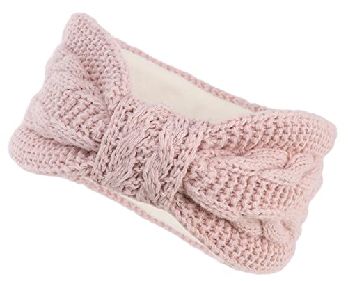 irisaa Damen Stirnband Winter mit Zopfmuster Schleife, Warmer Ohrwärmer Mädchen Haarband Grobstrick gefüttert mit Fleece Thermo Innenfutter, stirnband farbe:Pink Schleife von irisaa