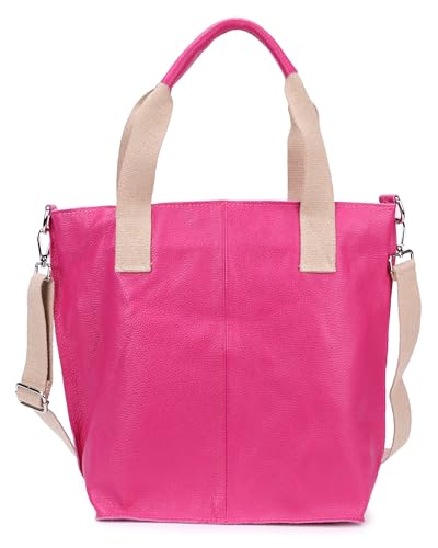 irisaa Echtleder Shopper mit Innentasche, große Damen Ledertasche Schultertasche mit Reißverschluss Verstellbarem breitem Gurt, Made in Italy, LUT Farbe:Magenta von irisaa