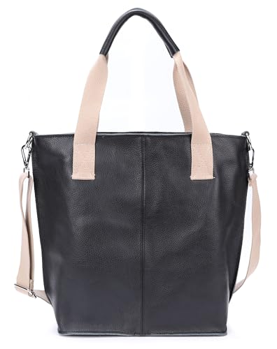 irisaa Echtleder Shopper mit Innentasche, große Damen Ledertasche Schultertasche mit Reißverschluss Verstellbarem breitem Gurt, Made in Italy, LUT Farbe:Schwarz von irisaa