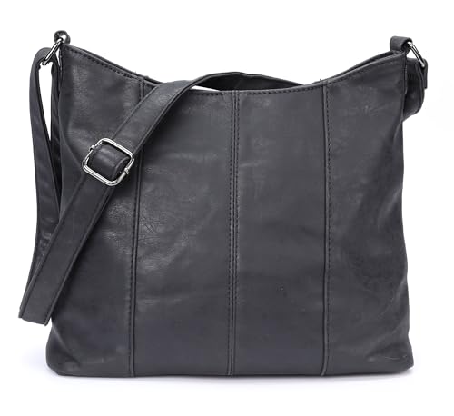 irisaa Handtasche Damen Hobo Schultertasche, Medium Umhängetasche praktische Henkeltasche mit vielen Fächern, Vintage Look mit Reißverschluss, DKB Farbe:Schwarz von irisaa