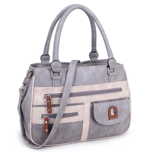 irisaa Handtasche Damen Umhängetasche Medium Schultertasche praktische Henkeltasche mit vielen Fächern Hobo Taschen Vintage Look mit Reißverschluss, Damen Tasche:Platingrau von irisaa
