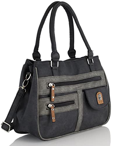 irisaa Handtasche Damen Umhängetasche Medium Schultertasche praktische Henkeltasche mit vielen Fächern Hobo Taschen Vintage Look mit Reißverschluss, Damen Tasche:Schwarz Dunkelgrau von irisaa