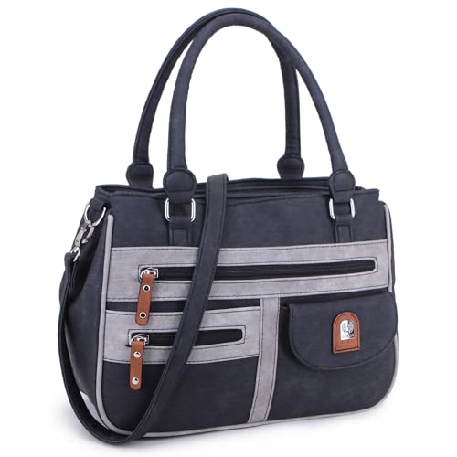 irisaa Handtasche Damen Umhängetasche Medium Schultertasche praktische Henkeltasche mit vielen Fächern Hobo Taschen Vintage Look mit Reißverschluss, Damen Tasche:Schwarz Hellgrau von irisaa