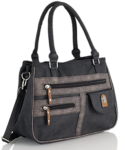 irisaa Handtasche Damen Umhängetasche Medium Schultertasche praktische Henkeltasche mit vielen Fächern Hobo Taschen Vintage Look mit Reißverschluss, Damen Tasche:Schwarz Khaki von irisaa