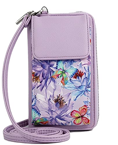 irisaa Kleine Handy Umhängetasche, Geldbörse Damen Brieftasche RFID Schutz Crossbody Handytasche Reisepass mit Kartenfächern und Verstellbarem Schultergurt, Damen Tasche:Lila Blumen von irisaa