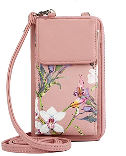 irisaa Kleine Handy Umhängetasche, Geldbörse Damen Brieftasche RFID Schutz Crossbody Handytasche Reisepass mit Kartenfächern und Verstellbarem Schultergurt, Damen Tasche:Pink Blumen von irisaa