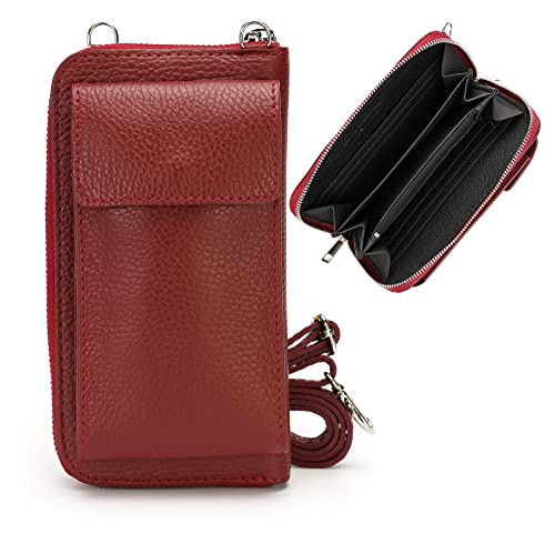 irisaa Leder Damen Handytasche Umhängetasche mit Geldbörse, Echtleder Handy Portemonnaie Tasche Crossbody mit verstellbarem Schultergurt und vielen Kartenfächern, Damen Tasche:Wine Rot von irisaa