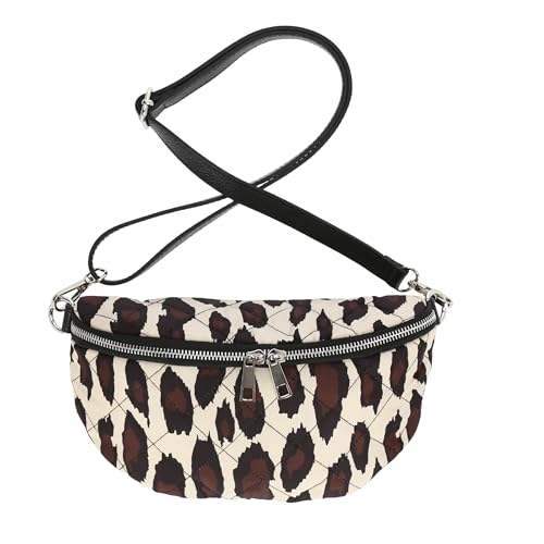irisaa Leopard Puffer Umhängetasche Damen, kleine Schultertasche Crossbody Bag, Bauchtasche mit Verstellbarem breitem Leder Gurt, Made in Italy, DKB Farbe:Leopard Beige von irisaa