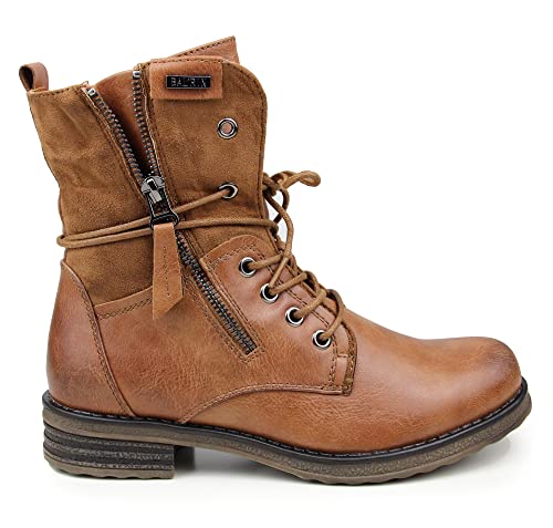 irisaa Schnürstiefeletten Damen, Stiefel Plateau Biker Boots, leicht Gefüttert mit Blocksabsatz Zipper, Größe Normal:36, Winterschuhe Farbe 2019:Camel von irisaa