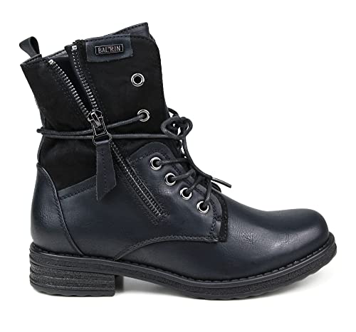 irisaa Schnürstiefeletten Damen, Stiefel Plateau Biker Boots, leicht Gefüttert mit Blocksabsatz Zipper, Größe Normal:36, Winterschuhe Farbe 2019:Uni Schwarz von irisaa