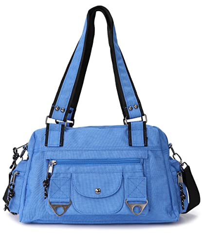 irisaa Schultertasche Damen, Canvas Multifunkionale Umhängetasche, Casual Handtasche mit vielen fächern für Schule Shopping Arbeit, Unisex, DKB Farbe:Hell Blau von irisaa