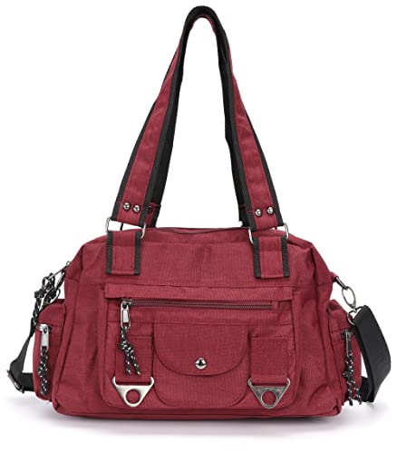 irisaa Schultertasche Damen, Canvas Multifunkionale Umhängetasche, Casual Handtasche mit vielen fächern für Schule Shopping Arbeit, Unisex, DKB Farbe:Rot von irisaa
