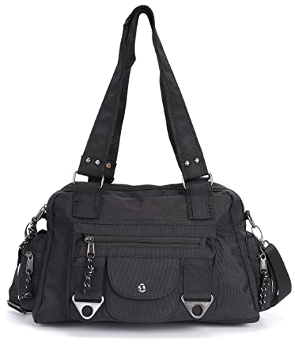 irisaa Schultertasche Damen, Canvas Multifunkionale Umhängetasche, Casual Handtasche mit vielen fächern für Schule Shopping Arbeit, Unisex, DKB Farbe:Schwarz von irisaa