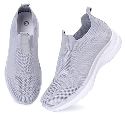 irisaa Slip On Damen Schuhe Sneaker Atmungsaktive Turnschuhe Fitnessschuhe Walkingschuhe Mädchen leichtes Straßenlaufschuhe, Farbe:Grau YY91, Größe:37 von irisaa