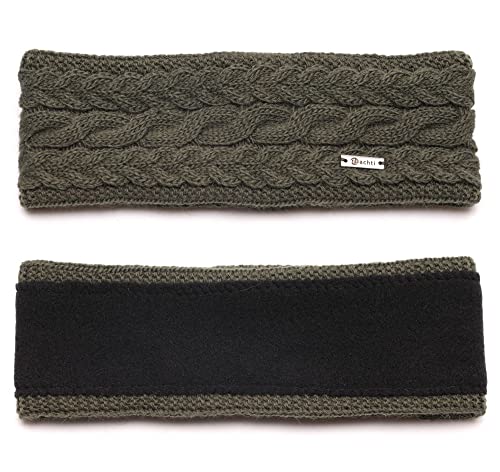 irisaa Damen Stirnband Winter, made in EU, warmes gestricktes Haarband Mädchen Ohrwärmer mit Zopfmuster, gefüttertes Kopfband mit Fleece Innenfutter, stirnband farbe:Oliver Grün von irisaa