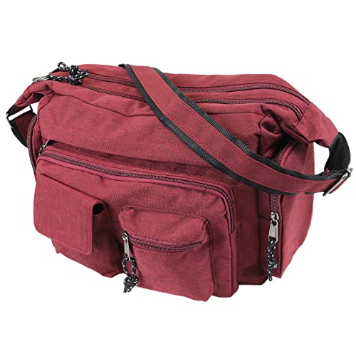 irisaa Umhängetasche Damen, Canvas Multifunkionale Schultertasche, Casual Handtasche mit vielen fächern für Schule Shopping Arbeit, Unisex, Damen Tasche:Uni Rot von irisaa