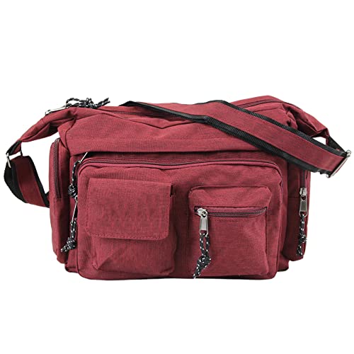 irisaa Umhängetasche Damen, Canvas Multifunkionale Schultertasche, Casual Handtasche mit vielen fächern für Schule Shopping Arbeit, Unisex, Damen Tasche:Wine Rot von irisaa