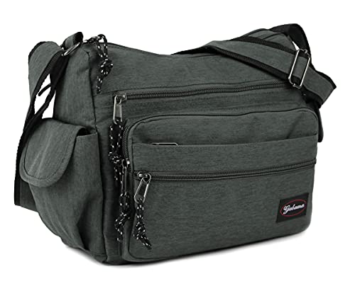 irisaa Umhängetasche Damen, Canvas Multifunkionale Schultertasche, Casual Handtasche mit vielen fächern für Schule Shopping Arbeit, Unisex, Damen Tasche:weich-grau von irisaa