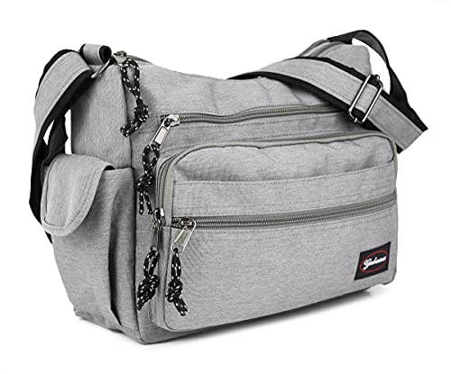 irisaa Umhängetasche Damen, Canvas Multifunkionale Schultertasche, Casual Handtasche mit vielen fächern für Schule Shopping Arbeit, Unisex, Damen Tasche:weich-hellgrau von irisaa