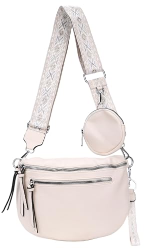 irisaa Umhängetasche Damen Crossbody Bag, 3 in 1 Schultertasche, Bauchtasche mit Reißverschluss und Verstellbarem breitem Gurt, Handtasche für Männer Frauen, DKB Farbe:Beige Doppel von irisaa