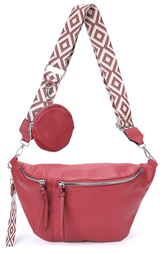 irisaa Umhängetasche Damen Crossbody Bag, 3 in 1 Schultertasche, Bauchtasche mit Reißverschluss und Verstellbarem breitem Gurt, Handtasche für Männer Frauen, DKB Farbe:Rot Separat von irisaa