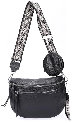 irisaa Umhängetasche Damen Crossbody Bag, 3 in 1 Schultertasche, Bauchtasche mit Reißverschluss und Verstellbarem breitem Gurt, Handtasche für Männer Frauen, DKB Farbe:Schwarz Doppel von irisaa