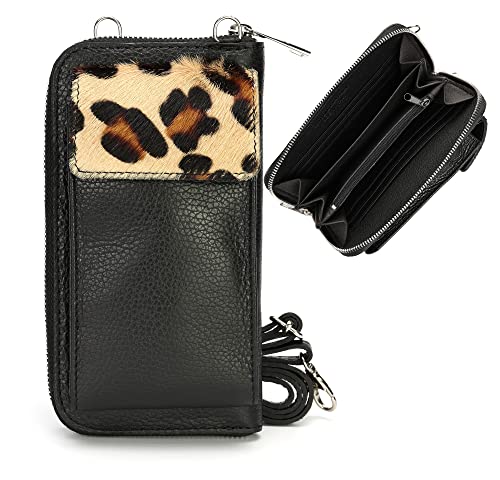 irisaa Leder Damen Handytasche Umhängetasche mit Geldbörse, Echtleder Handy Portemonnaie Tasche Crossbody mit verstellbarem Schultergurt und vielen Kartenfächern, Damen Tasche:Leopard von irisaa