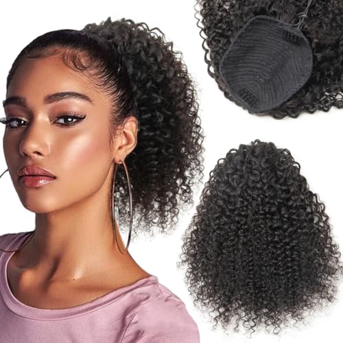 ISHEENY Afro Kinky Pferdeschwanz Haarteil Haarverlängerung Locken Mit Kordelzug Natürliches Schwarz Menschenhaar Ponytail Extension für Frau Gewickelt Mädchen Ponytail 30CM von isheeny
