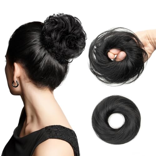 ISHEENY Haarteil Mit Gummiband, Groß Dutt Haarteil Haargummi Mit Haaren Gelockt Haardutt Synthetisch Haarverlängerung Pferdeschwanz Haarteile für Damen Mädchen, Tiefschwarz #1 von isheeny