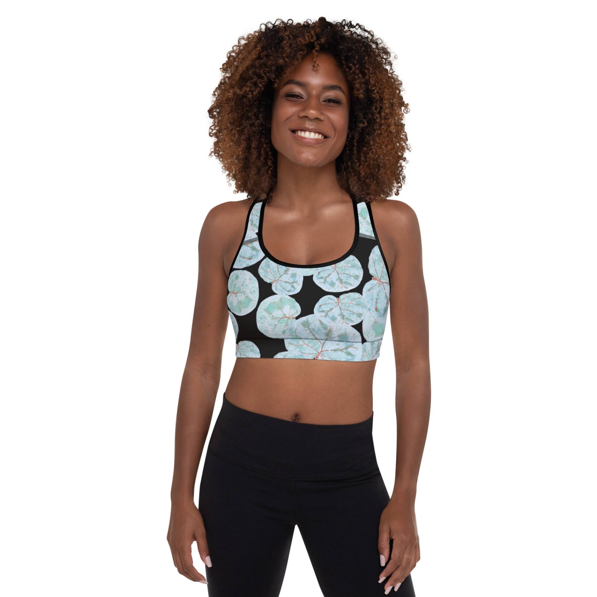 Damen Gepolsterter Sport-Bh, Sea Grape Print Schwarz von ishkabibblesdesigns