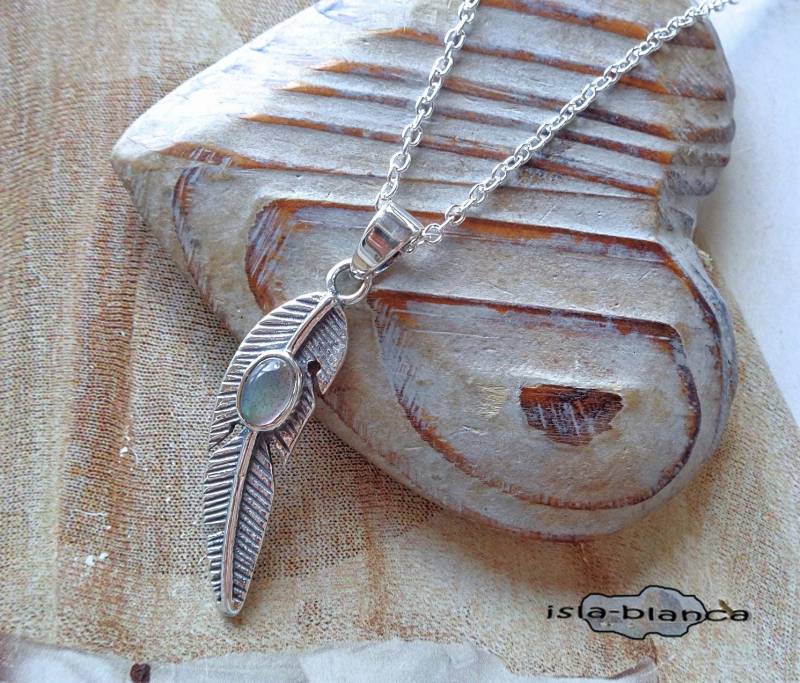 Collier ⋆ Feder Mit Labradorit Silber Grau Kurze Kette Flügel Engelslfügel Silberkette Feine Ankerkette von islablanca