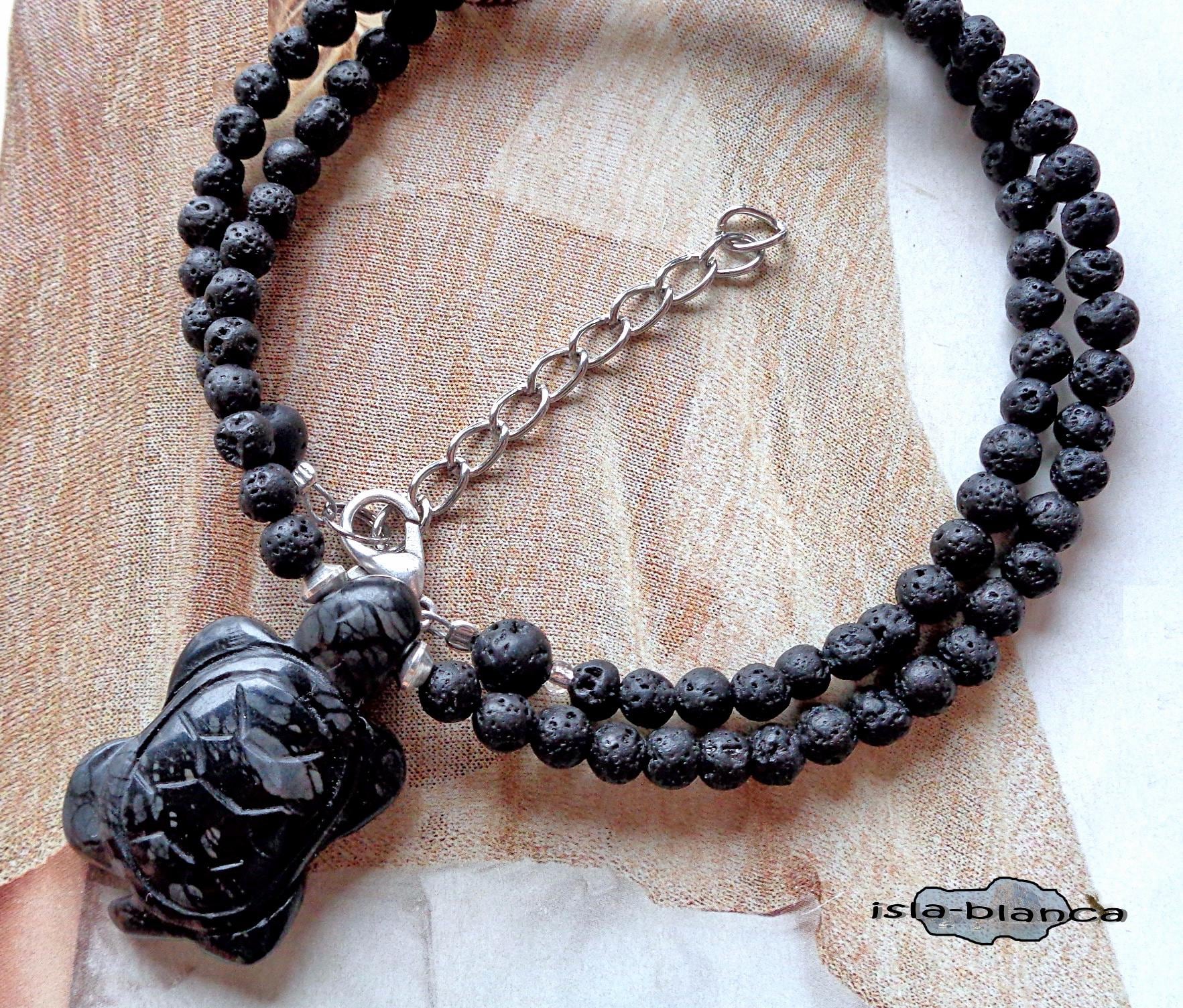 Collier ⋆ Lava Schildkröte Picasso Jaspis Schwarz Anthrazit Silber Kurze Kette Schildkrötenliebe Krafttier von islablanca