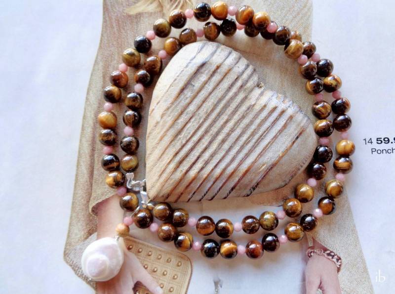 Collier ⋆ Tigerauge Pink Opal Süßwasserperle Braun Weiß Rosa Tropfen Zuchtperle Kurze Kette Tigeraugecollier Altrosa Beere von islablanca