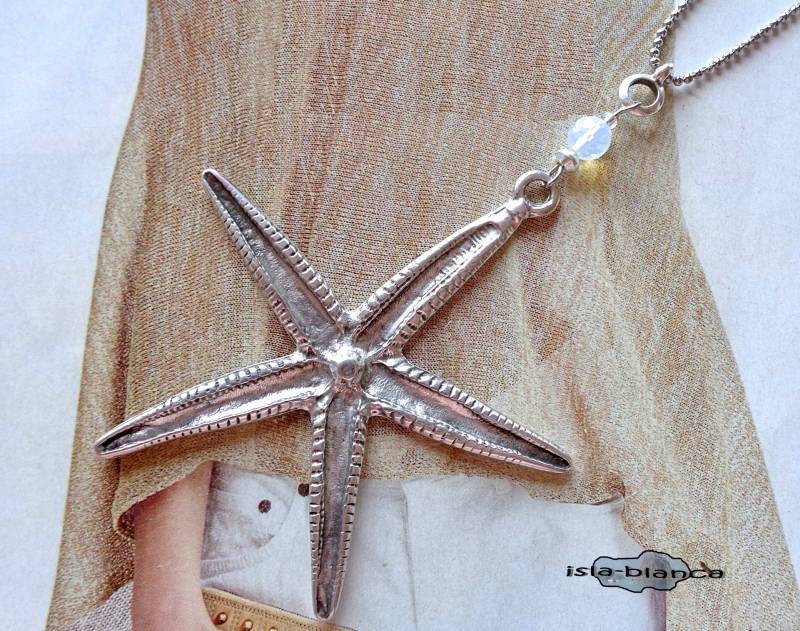Kette ⋆ Seestern Edelstahlkette Maritim Opalglasperlen Y-Kette Weiß Milchweiß Silber Edelstahl Kugelkette von islablanca