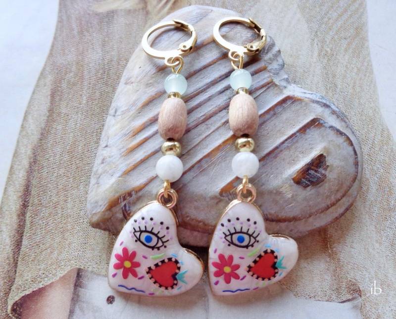 Ohrringe ⋆ Herz Auge Blume Weiß Gold Haken Ohrhänger Rosenholz Regenbogenmondstein Rot Pink von islablanca