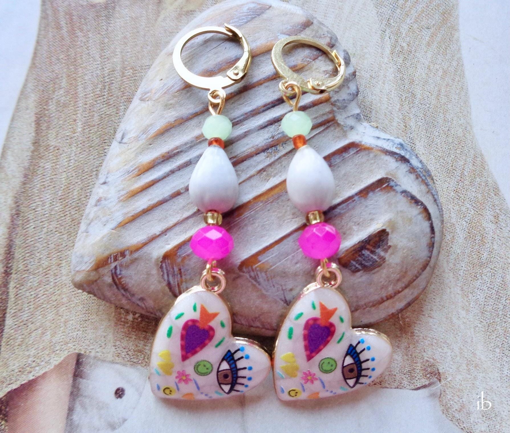 Ohrringe ⋆ Herz Smiley Auge Blume Weiß Gold Haken Ohrhänger Pink Imfibinga Same Hellgrün Gelb von islablanca