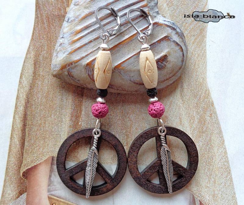 Ohrringe ⋆ Peace Feder Holzperlen Lava Braun Beige Beere Schwarz Ohrhänger Ohrhaken Silber Peacezeichen Frieden Dunkelbraun Hippie Ohrringe ⋆ Peace Feder Holzperlen Lava Braun Beige Beere Schwarz Ohrhänger Ohrhaken Silber Peacezeichen Frieden Dunkelbraun Hippie von islablanca