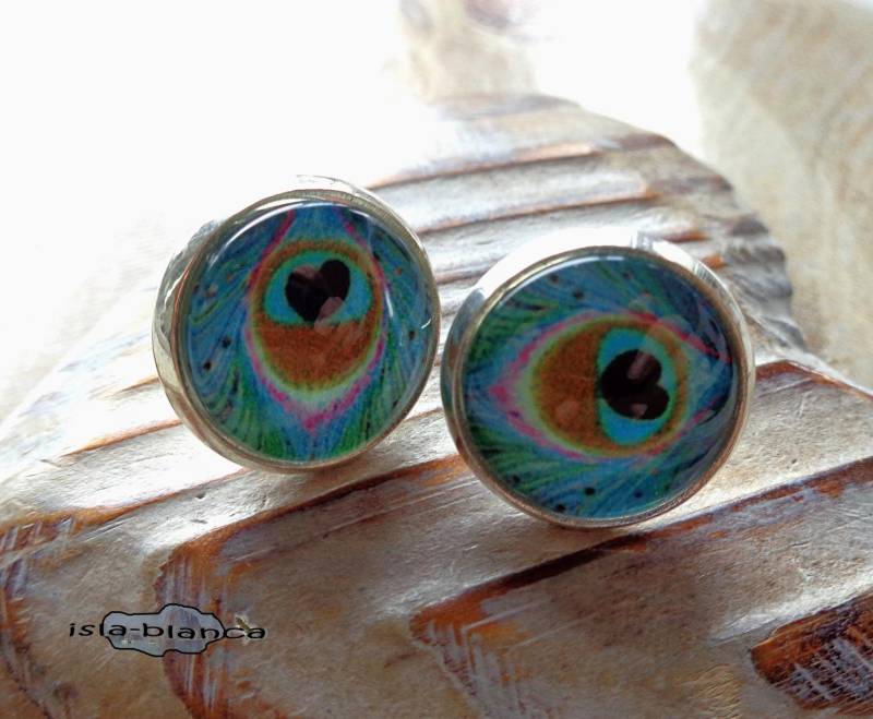 Ohrstecker ⋆ Pfauenfeder Glas Cabochons Pfau Türkis Ohrringe von islablanca