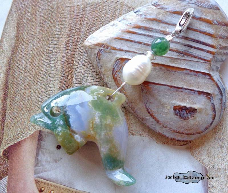 Wechselanhänger ⋆ Delfin Fancy Jaspis Grün Weiß Silber Anhänger Charm Delphin Krafttier Moosachat von islablanca